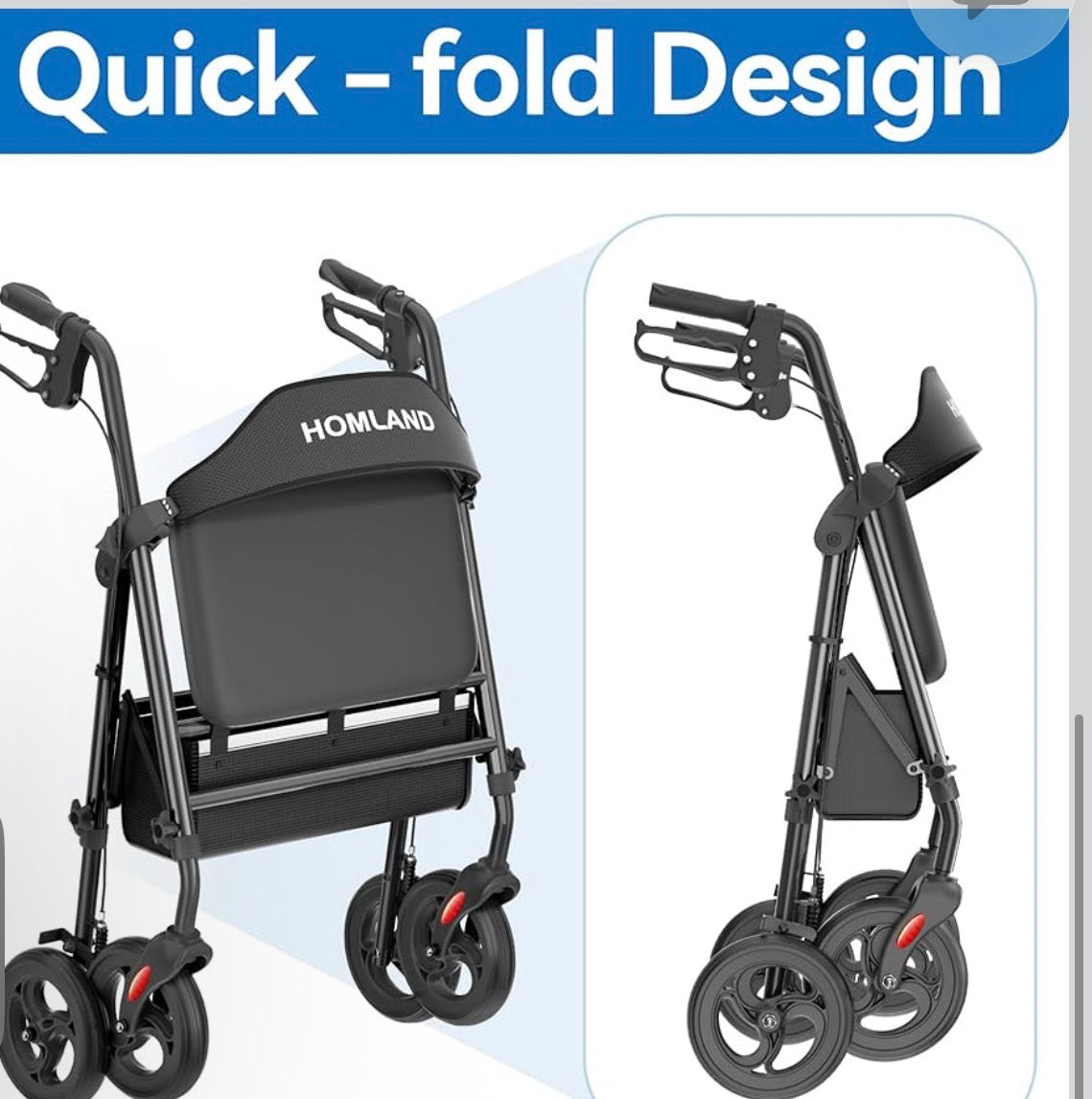 HOMLAND Bariatric Walkers for Seniors, 500lb Heavy Duty Rollator Walker with Extra Wide Padded Seat, 8” All Terrain Foldable Rolling Walker with Dual-Height Adjustable, Black