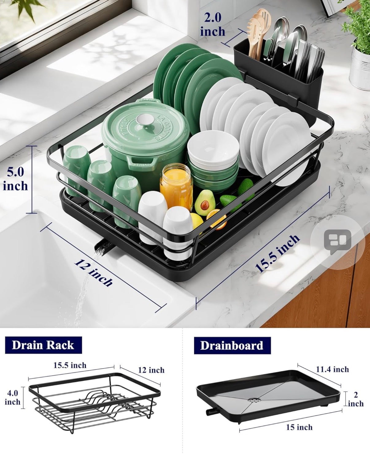 Kitsure Dish Drying Rack for Kitchen Counter, Stainless Steel Sink Organization and Storage Essentials with Cutlery Holder, Home and Appartment Decor, 12''W x 15.5''L, Black