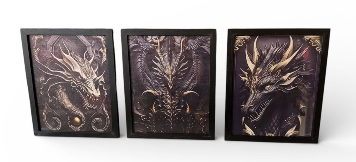3 8X10 FRAMED CANVAS PRINTS DRAGONS