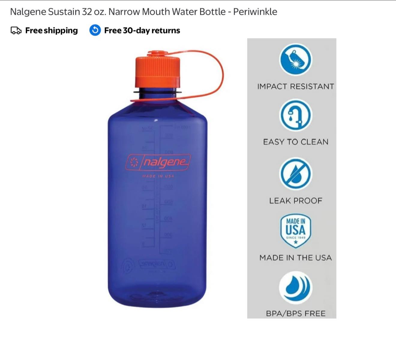 NALGENE SUSTAIN 32 OZ NARROW MOUTH WATER BOTTLE PERIWINKLE