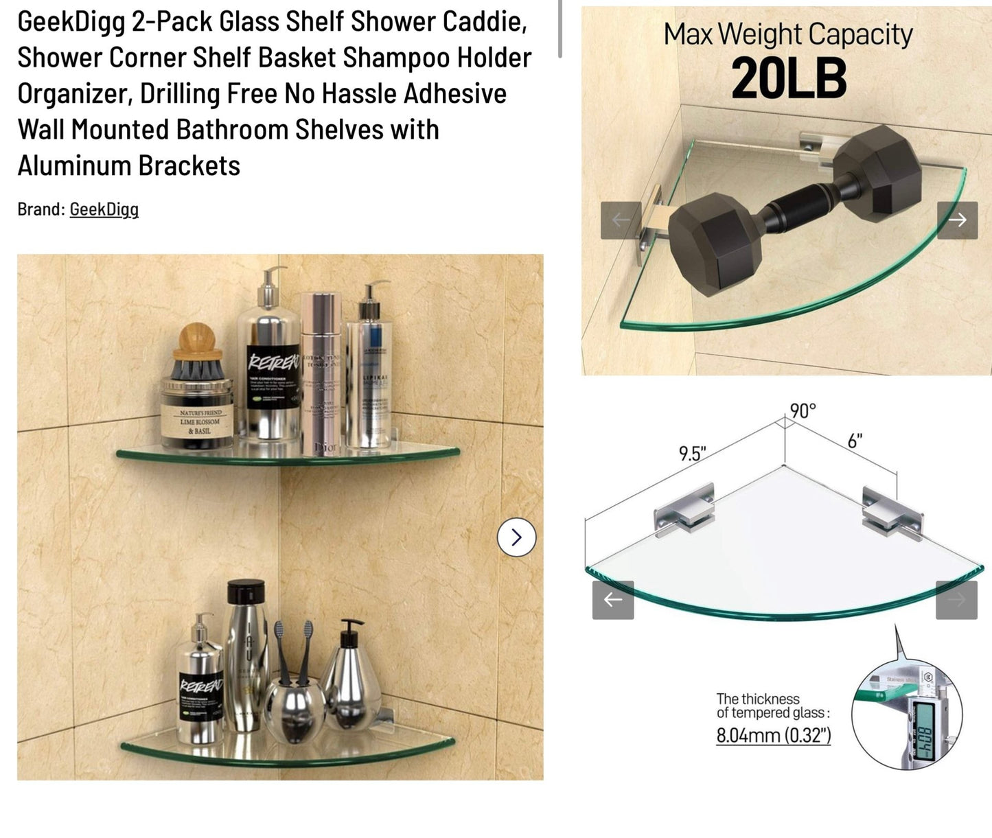 2 PACK GLASS SHELF FOR SHOWER