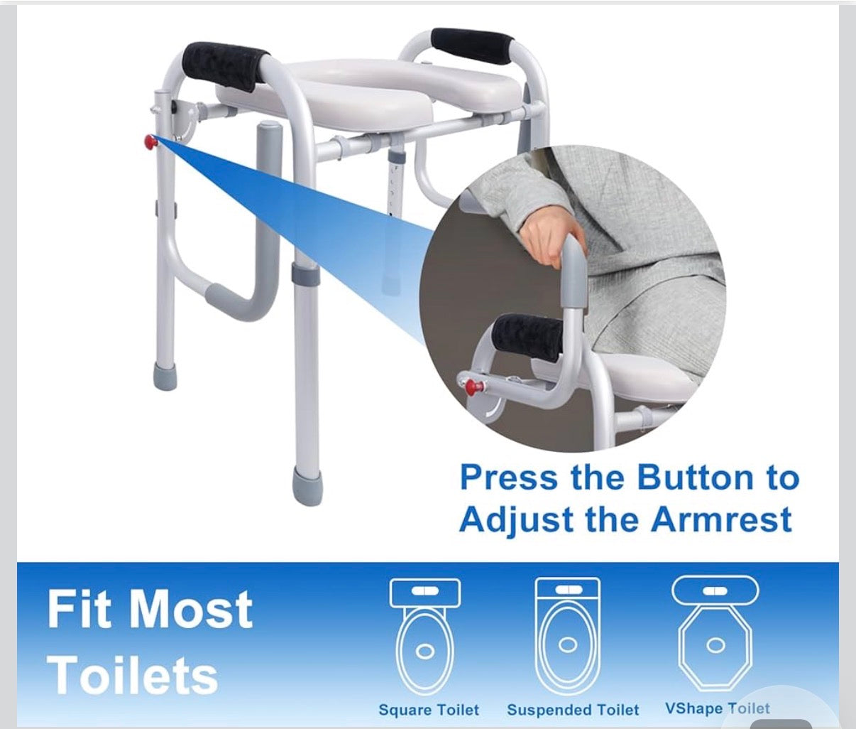 Raised Toilet Seat with Folding Armrest, Height Adjustable/Folding Armrest Design 400 lb Premium Toilet Seat Raised Toilet Seat for Elderly, Disabled, Pregnant Women-Gray