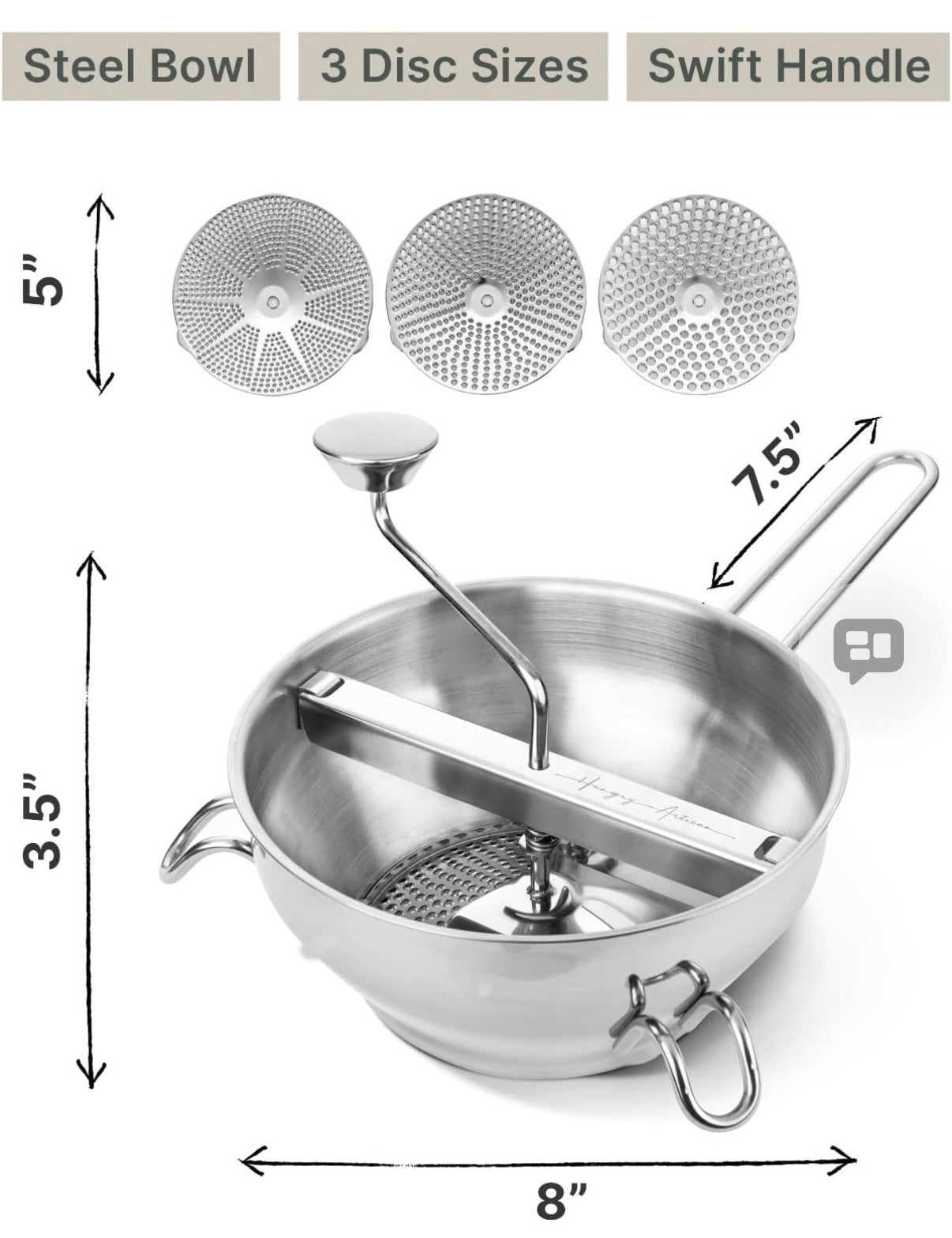 Ergonomic Food Mill Stainless Steel With 3 Grinding Discs - Rotary Food Mill for Tomato Sauce, Applesauce, Puree, Mashed Potatoes, Jams, Baby Food