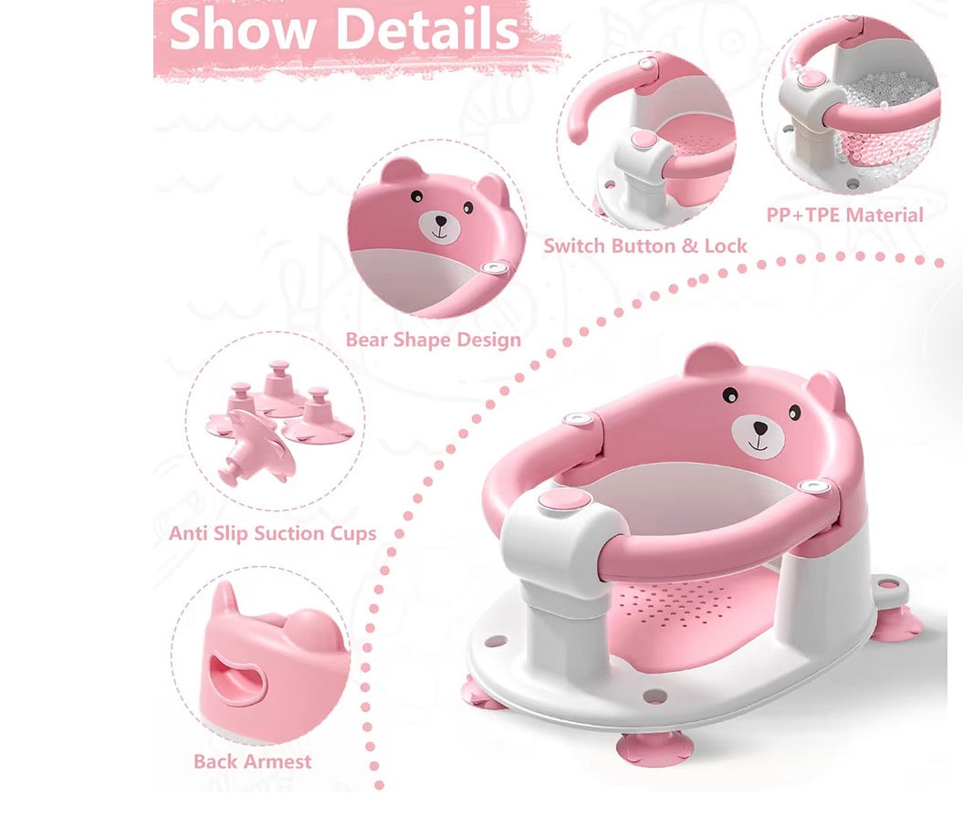 Baby Bath Seat for Babies 6 Months & Up, Toddler Bath Seats for Babies Sitting Up, Non-Slip Infant Bath Tub Chair with 4 Suction Cups & Soft Cushion for Shower, Compact Toddler Bathtub Seat, Pink