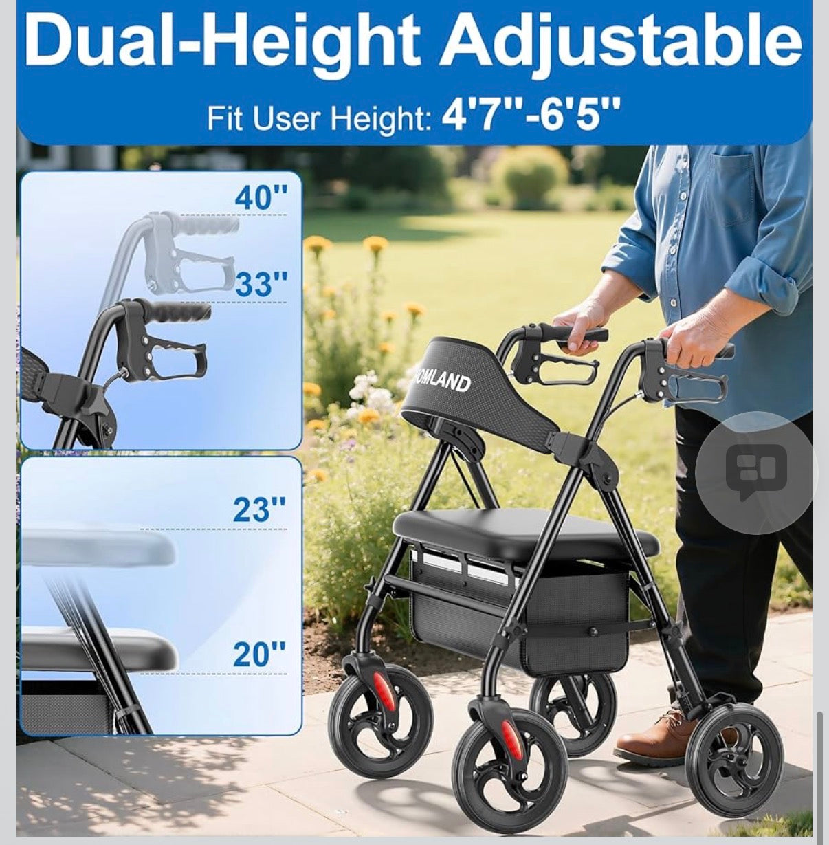 HOMLAND Bariatric Walkers for Seniors, 500lb Heavy Duty Rollator Walker with Extra Wide Padded Seat, 8” All Terrain Foldable Rolling Walker with Dual-Height Adjustable, Black