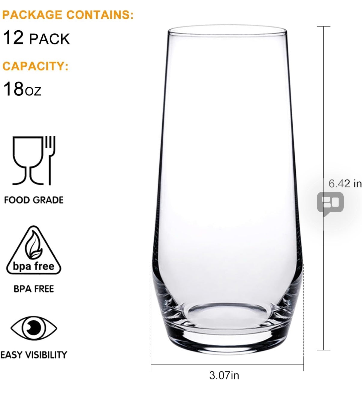 18oz Drinking Glasses, Highball Glasses Set of 12,Sutiable for Glasses for Wine, Iced Tea Glasses,Mojito Kit,Cocktails, Drinks, Office, Parties, Weddings and Gifts