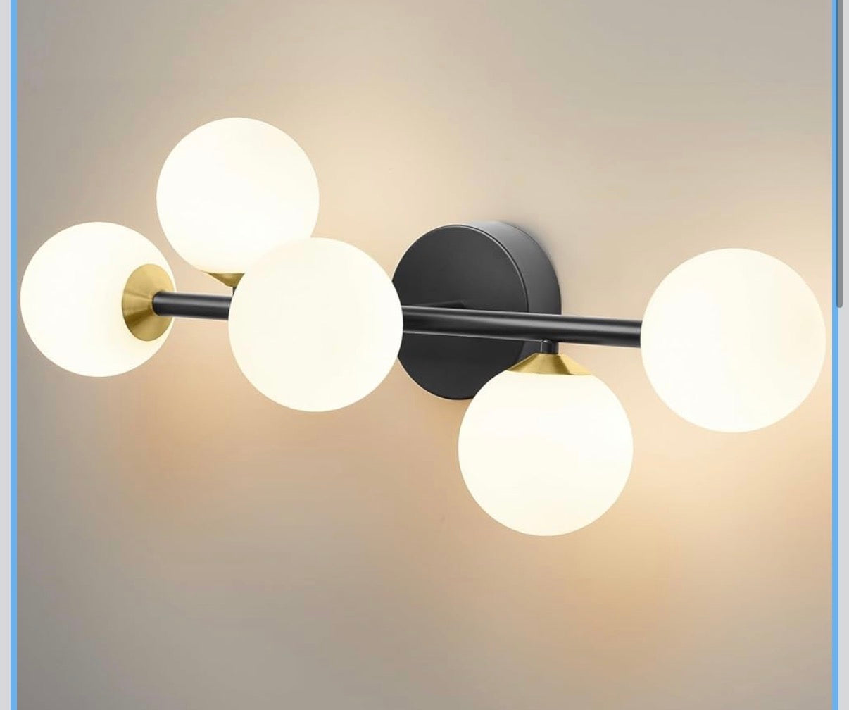 Bathroom Vanity Lights, 5-Light Black and Gold LED Bathroom Light Fixtures, Mid Century Modern Dimmable LED Bathroom Lights Ceiling Light, Wall Sconces Wall Lights with Frosted Milk Glass, 3000K