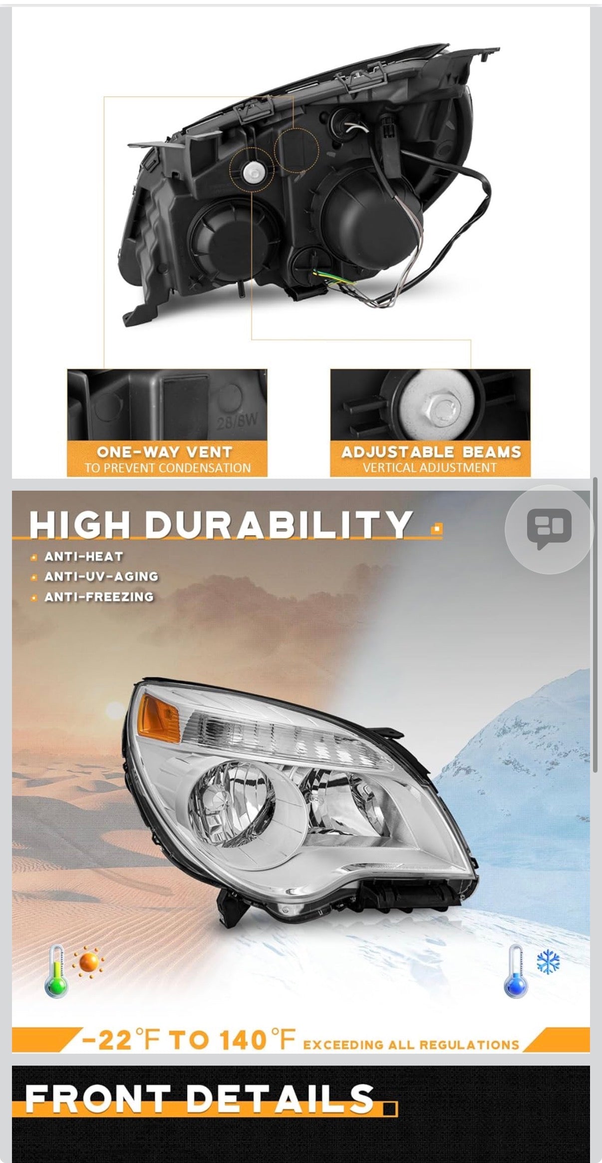 WEELMOTO Headlight Assembly for 2010-2015 Chevy Equinox LS/LT,for 2010 2011 2012 2013 2014 2015 Chevy Equinox LS/LT Headlamp Replacement Chrome Housing Amber Reflector