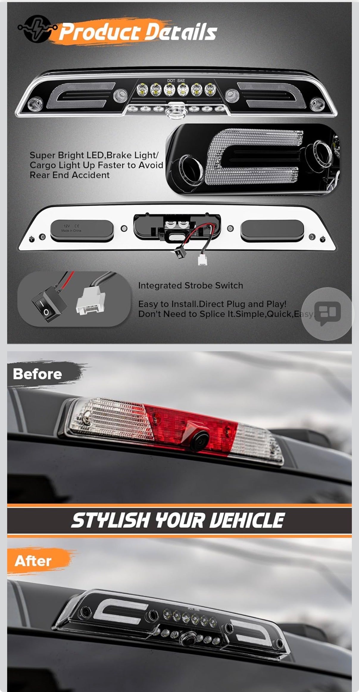 3rd Third Brake Lights LED for F150 2015-2024,for Superduty F250/F350/F450/F550 2017-2024,for Ranger 2019-2024, Cargo Light High Mount Stop Lamp (Clear Lens) Fits Brake Light Camera Version