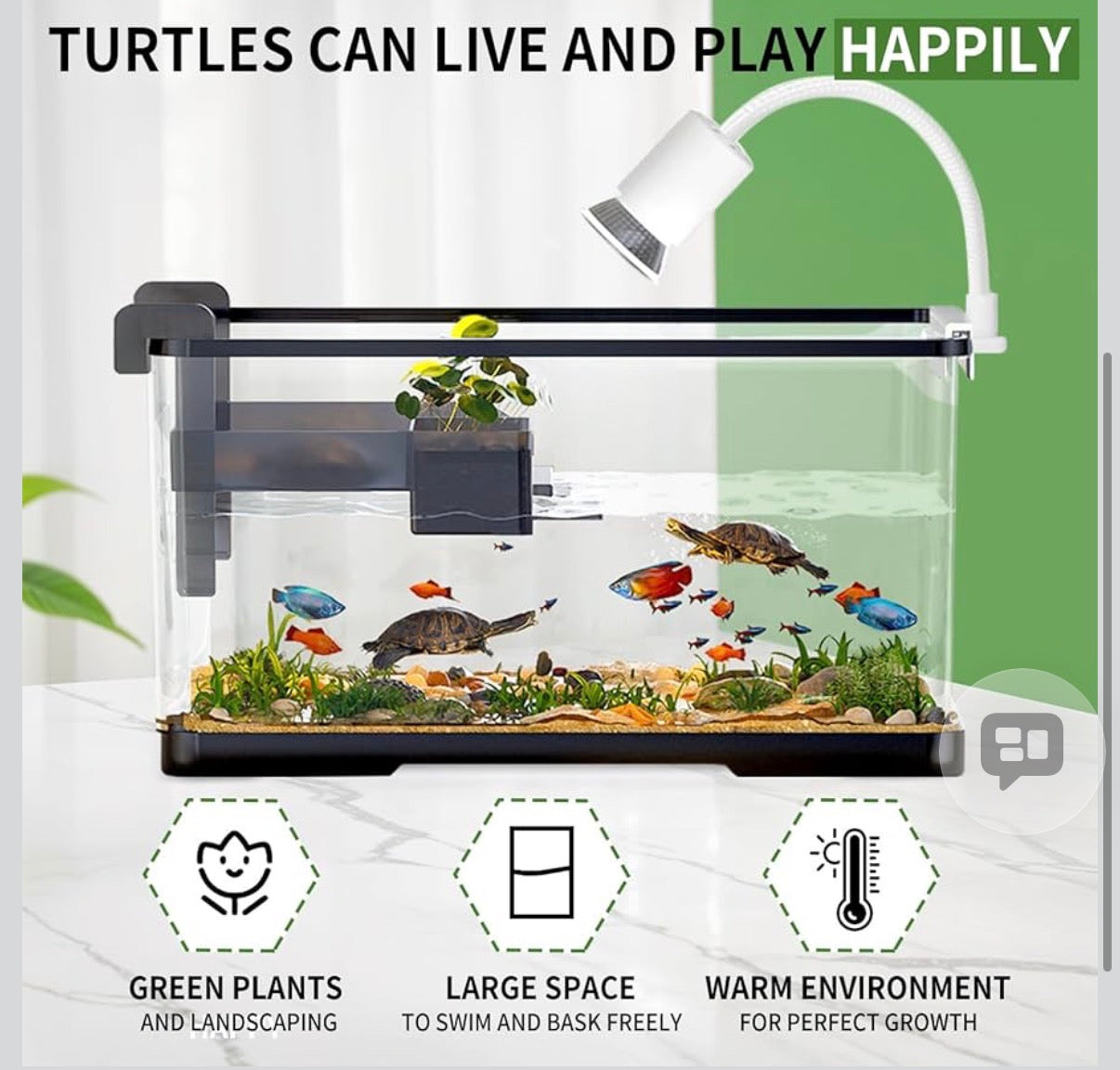 (Tank + Light + Filter + Filter Balls) Turtle Tank Kit, Turtle Tank Starter Kit,Bottom Drainage, Multi-Function Areas for Turtles, Crabs,Fishes, Amphibians,Reptiles. (21.65 × 12.28 × 12.28 Inch)