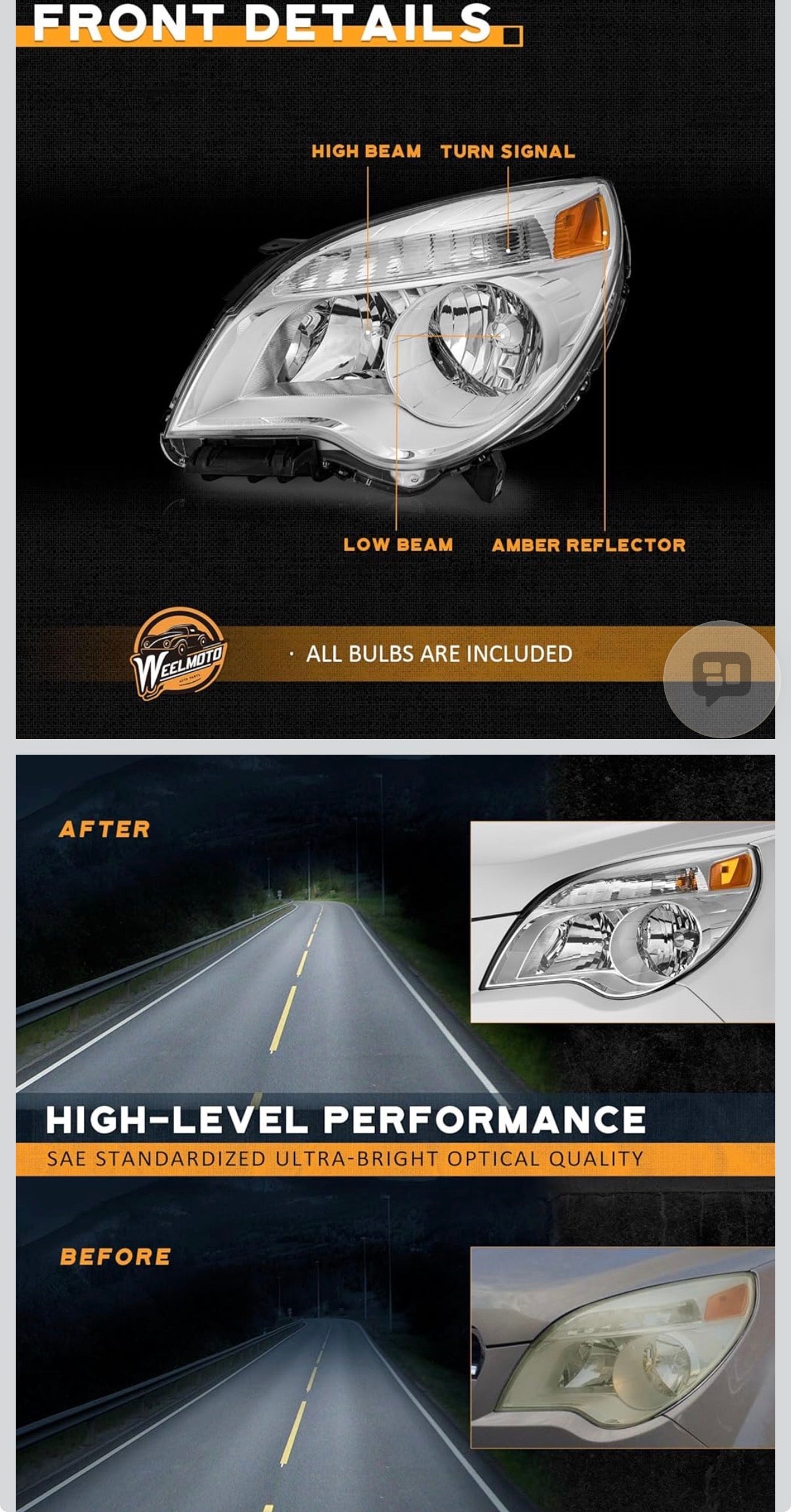 WEELMOTO Headlight Assembly for 2010-2015 Chevy Equinox LS/LT,for 2010 2011 2012 2013 2014 2015 Chevy Equinox LS/LT Headlamp Replacement Chrome Housing Amber Reflector