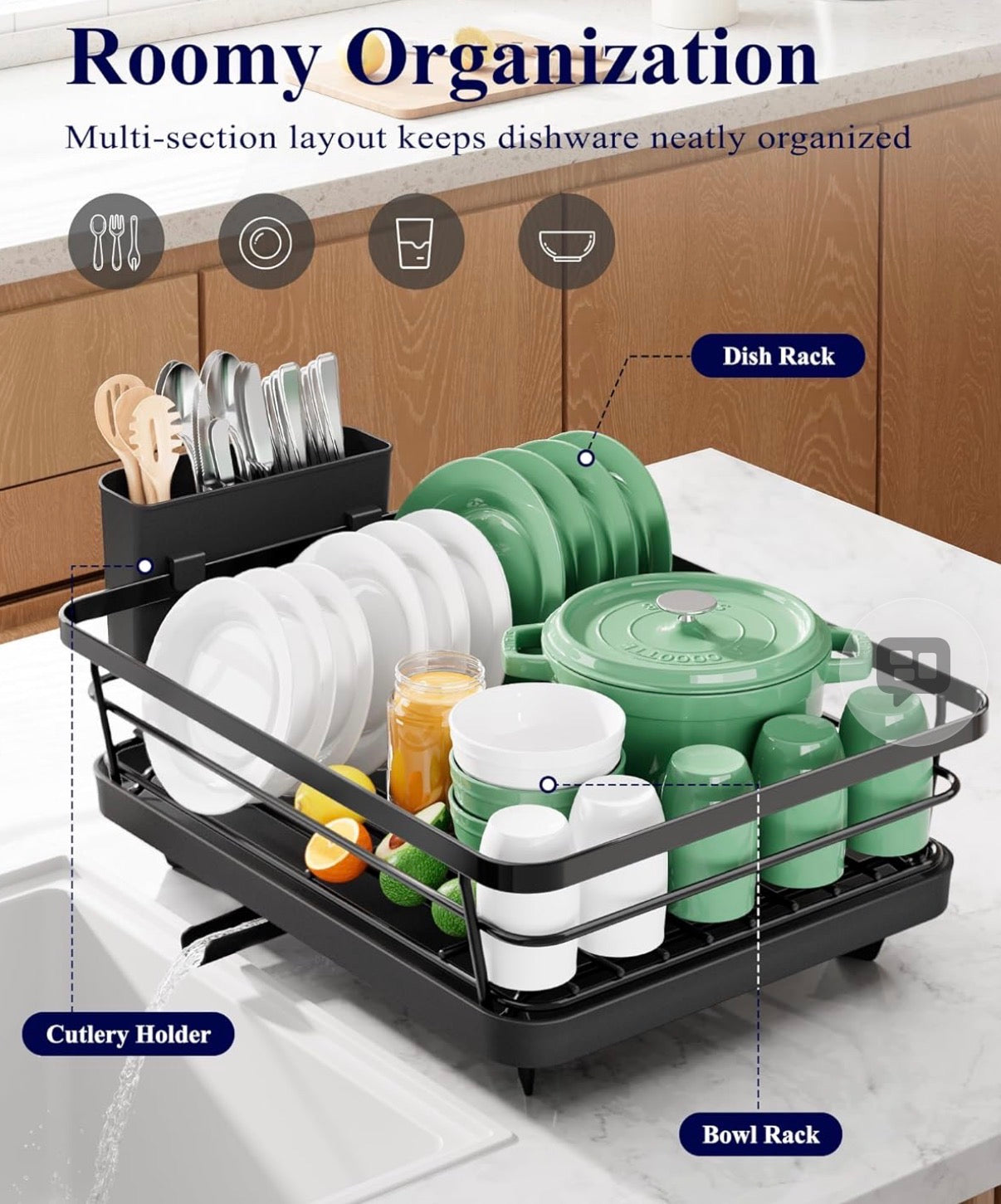 Kitsure Dish Drying Rack for Kitchen Counter, Stainless Steel Sink Organization and Storage Essentials with Cutlery Holder, Home and Appartment Decor, 12''W x 15.5''L, Black