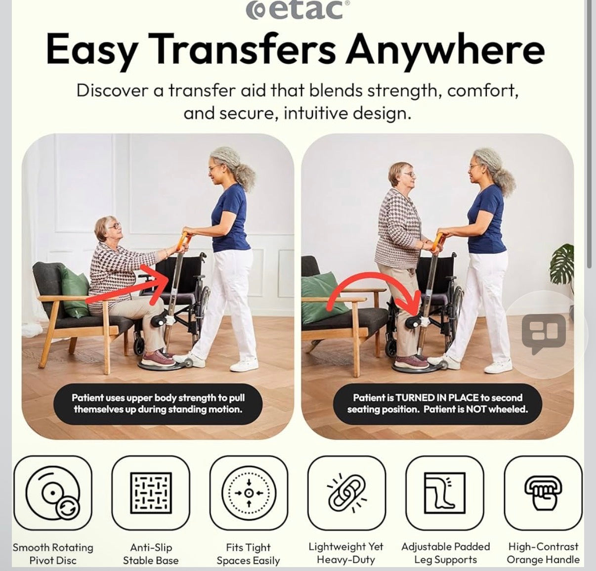 Etac Turner PRO Patient Transfer Aid - Sit to Stand Lift for Elderly with High Safe Working Load (440 lbs) - Patient Lift and Mobility Assist for Safer Transfers with Platform Disc & Anti-Slip Bottom