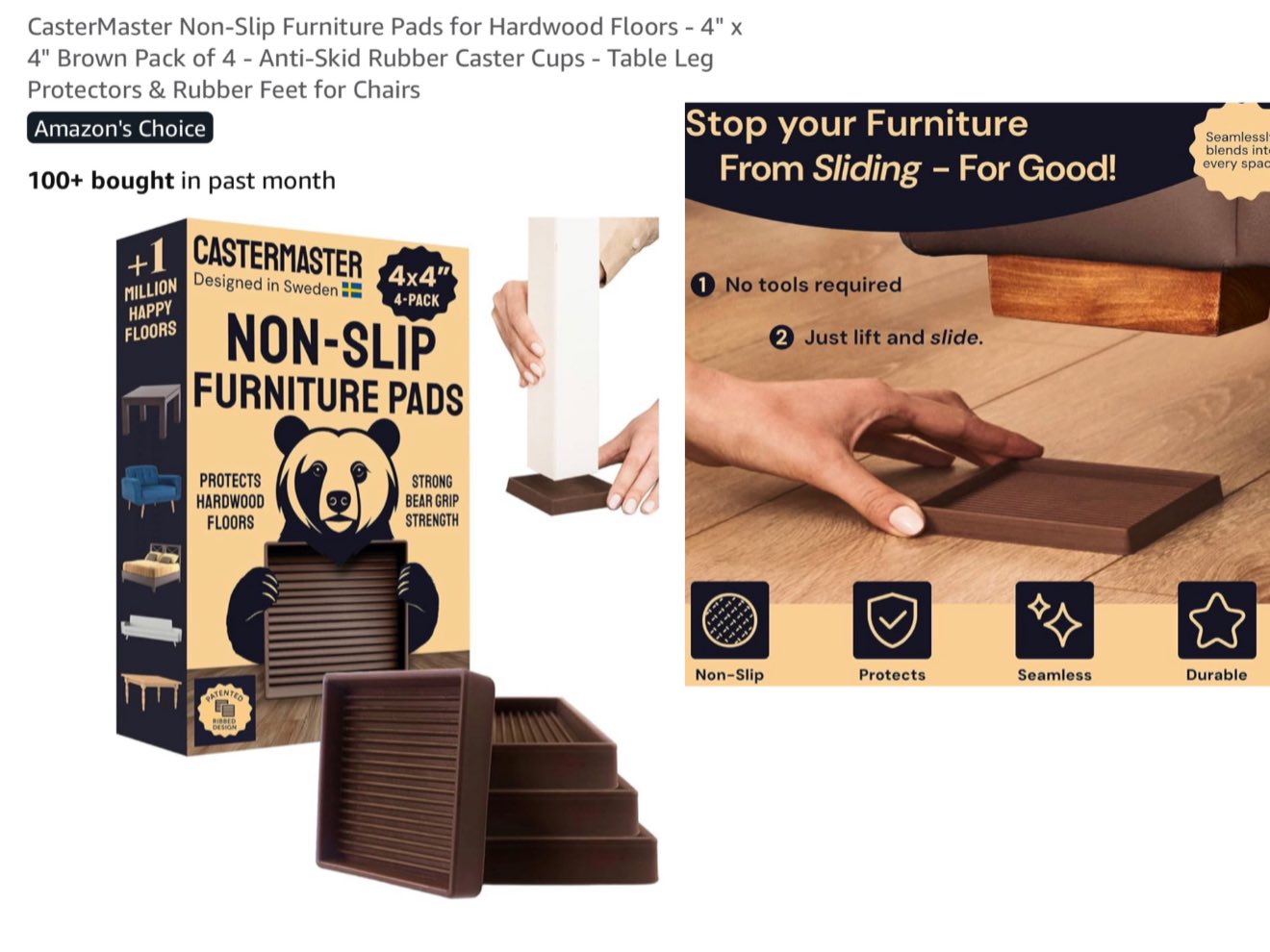 4"x4" brown 4pack furniture floor protectors for hardwood vinyl and tile floors