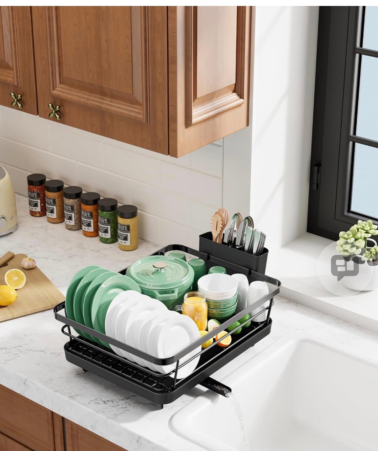 Kitsure Dish Drying Rack for Kitchen Counter, Stainless Steel Sink Organization and Storage Essentials with Cutlery Holder, Home and Appartment Decor, 12''W x 15.5''L, Black