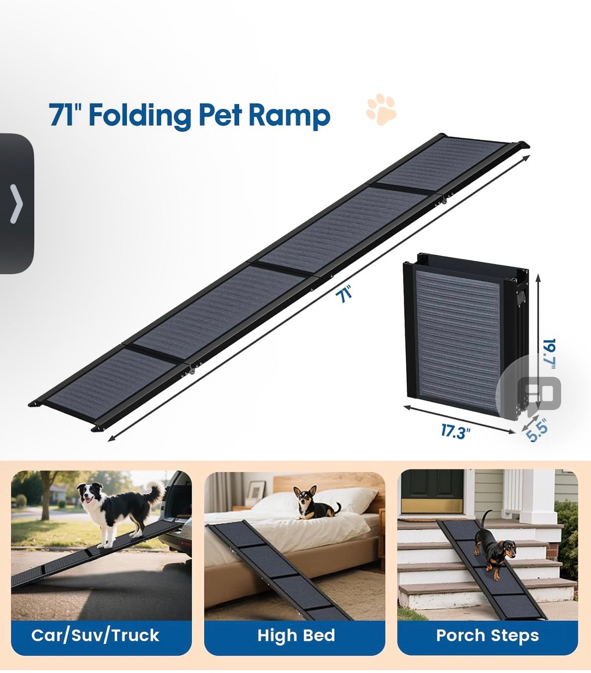 71" Long & 17.3" Wide Folding Dog Ramp for Car, SUV & Truck – Portable Pet Ramp with Non-Slip Surface, Extra Wide Steps for Large Dogs Up to 250LBS