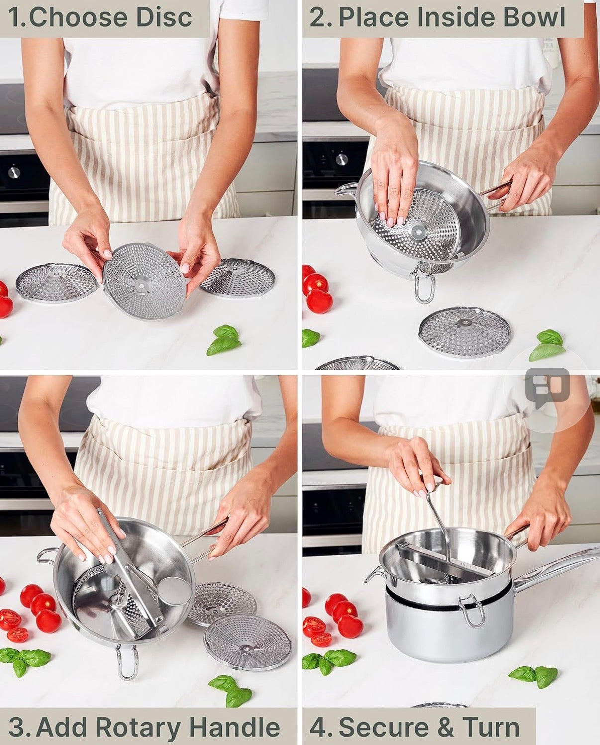 Ergonomic Food Mill Stainless Steel With 3 Grinding Discs - Rotary Food Mill for Tomato Sauce, Applesauce, Puree, Mashed Potatoes, Jams, Baby Food