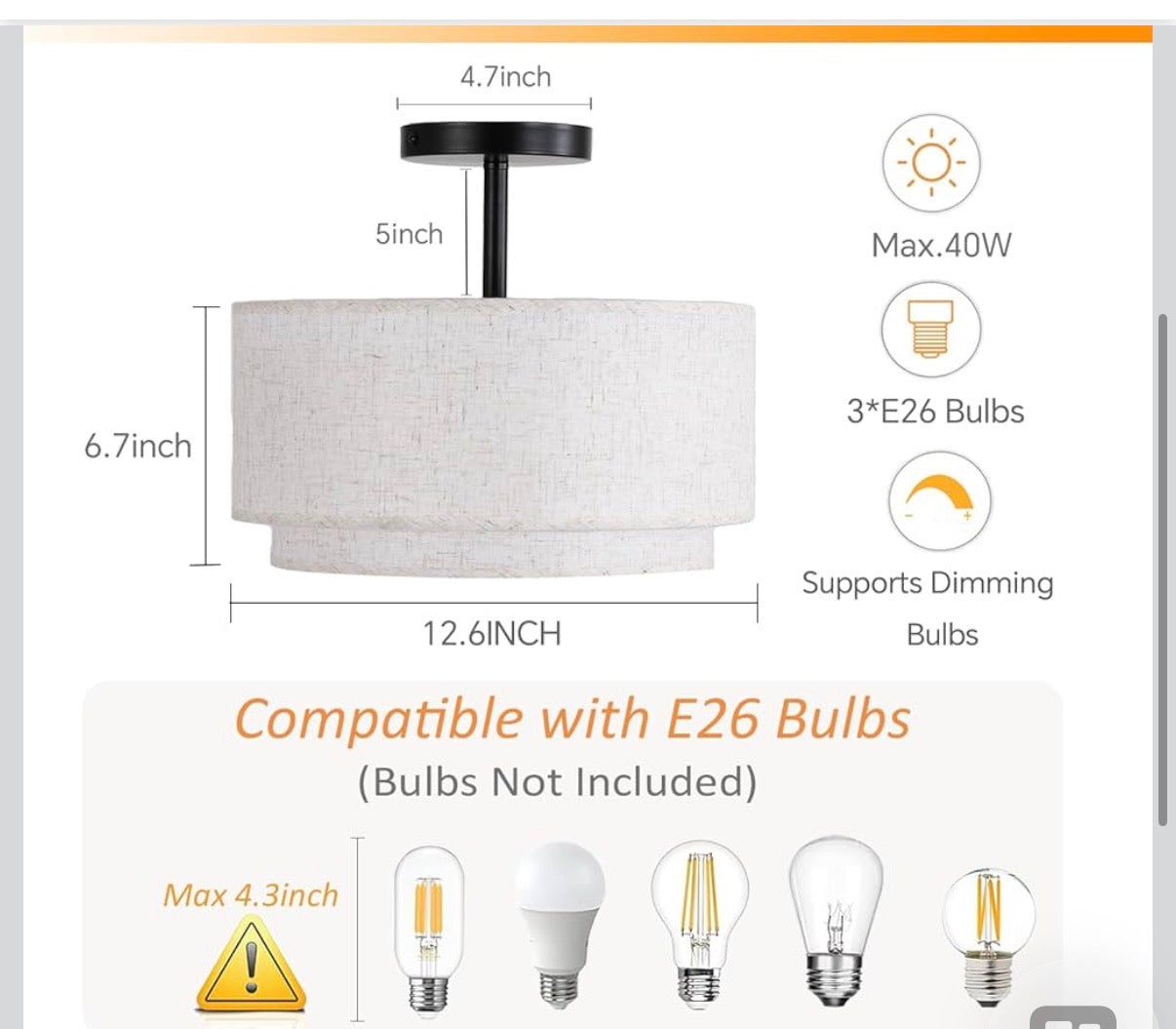 12.6inch Flush Mount Ceiling Light Fixture,3-Light Modern Close to Ceiling Light with 2-Layer Linen Fabric Shade,Farmhouse Drum Ceiling Mount Lamp for Bedroom Hallway Living Room