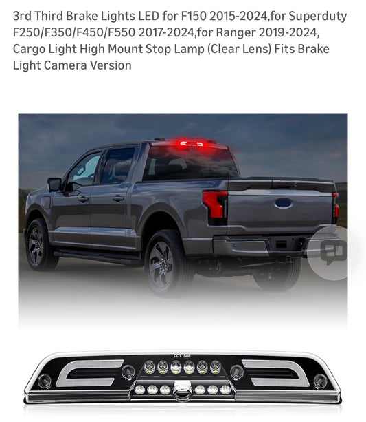 3rd Third Brake Lights LED for F150 2015-2024,for Superduty F250/F350/F450/F550 2017-2024,for Ranger 2019-2024, Cargo Light High Mount Stop Lamp (Clear Lens) Fits Brake Light Camera Version