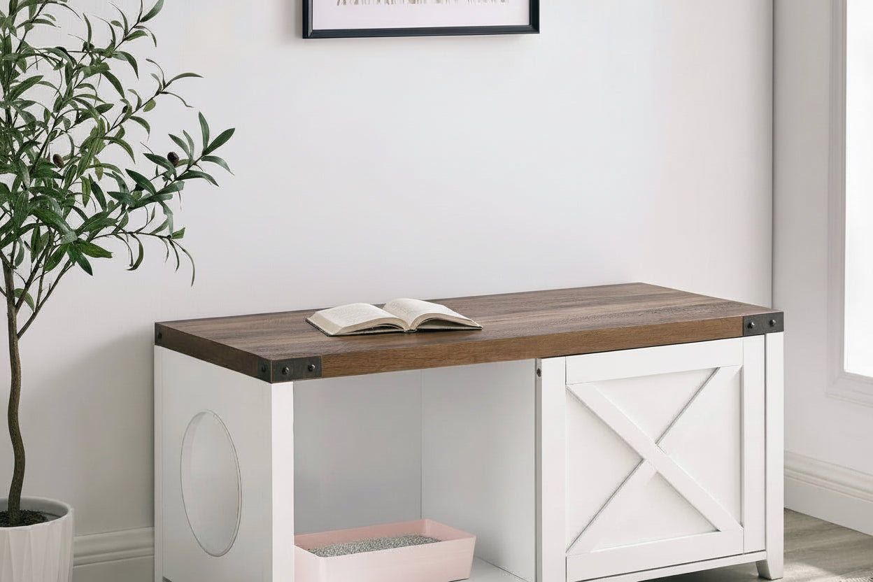 Manor Park Farmhouse Sliding Door Litter Box Bench, Solid White ASSEMBLY REQUIRED