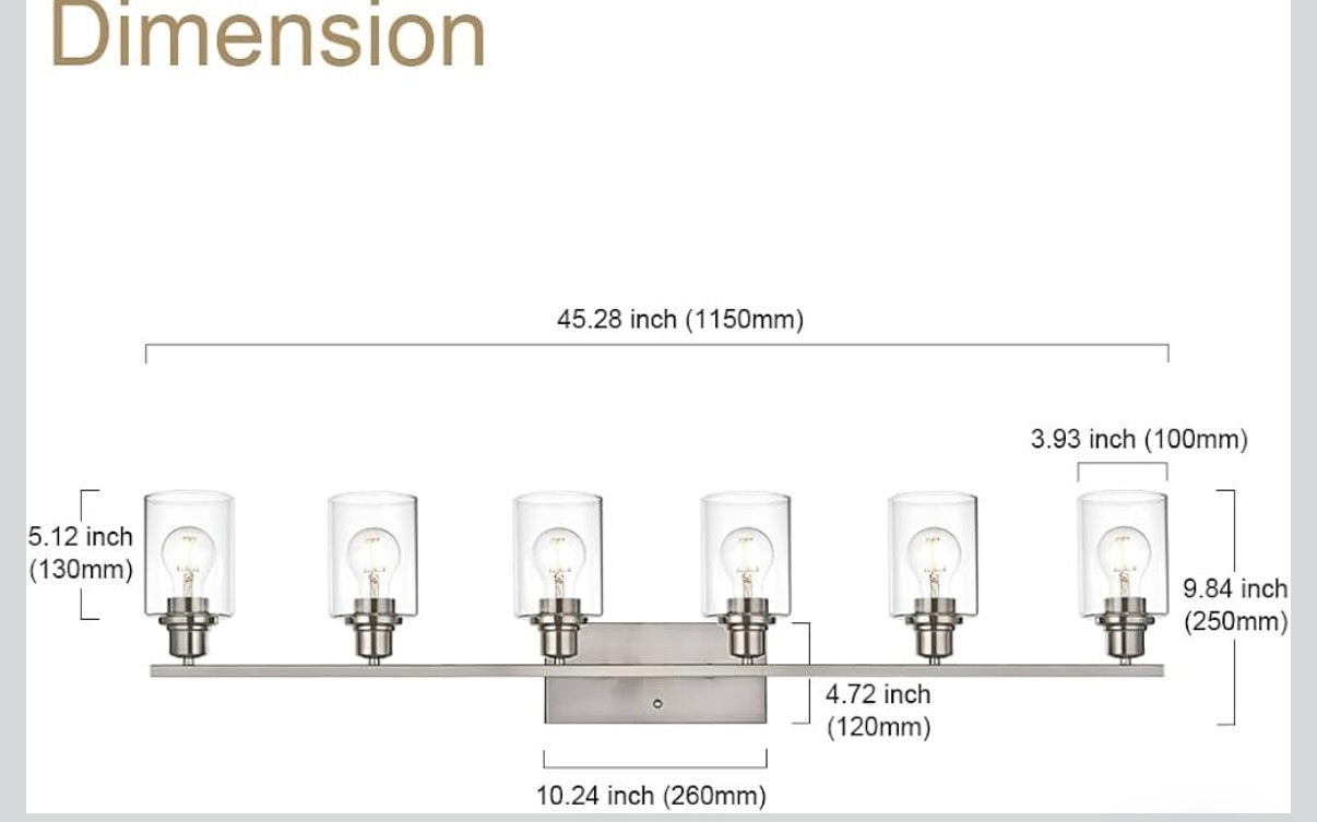 VINLUZ 6 Light Bathroom Lighting Fixture in Brushed Nickel Finish,Classic Metal Wall Mounted Lamp Over Mirror with Clear Glass Shade Industrial Vanity Light