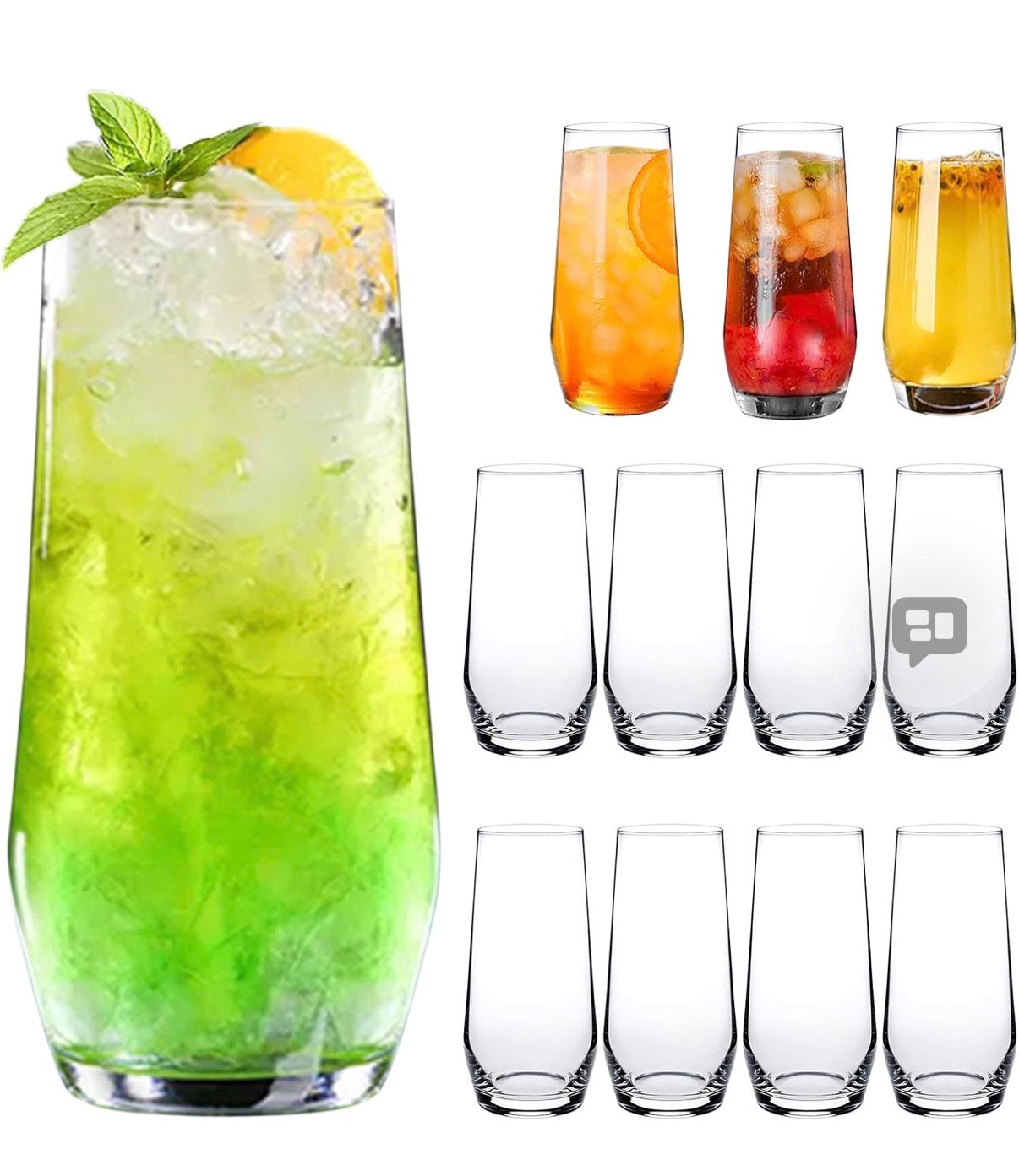 18oz Drinking Glasses, Highball Glasses Set of 12,Sutiable for Glasses for Wine, Iced Tea Glasses,Mojito Kit,Cocktails, Drinks, Office, Parties, Weddings and Gifts