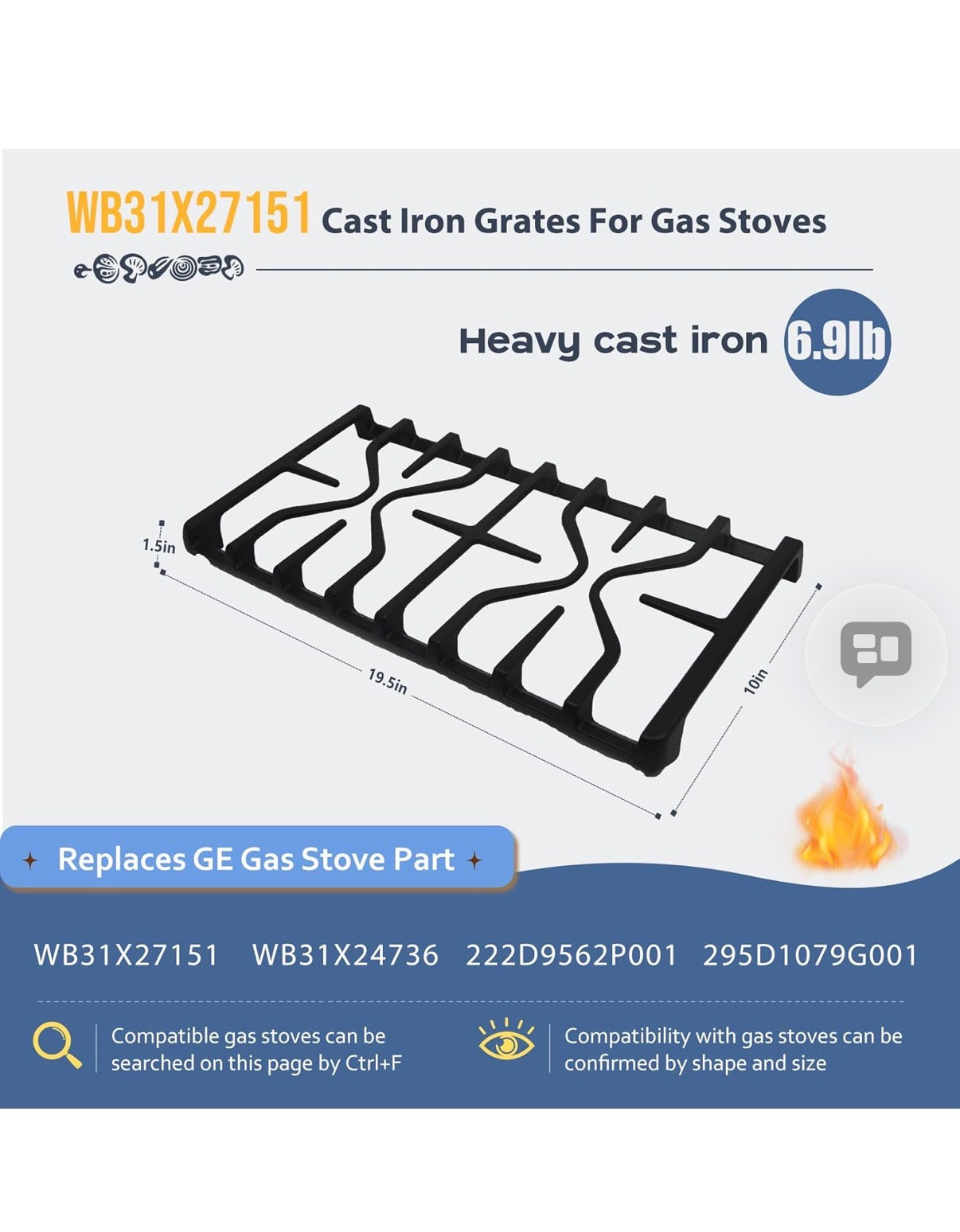 WB31X27151 WB31X24736 Stove Grate Replacement for GE Grate Cooktop Grids Gas Cooktop Grids GE Side Surface Oven Grids GE Cast Iron Stove Top Cooking Grids Parts Replacement 1 pc.