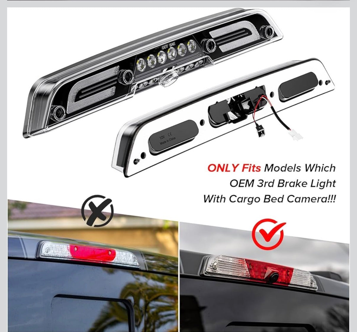 3rd Third Brake Lights LED for F150 2015-2024,for Superduty F250/F350/F450/F550 2017-2024,for Ranger 2019-2024, Cargo Light High Mount Stop Lamp (Clear Lens) Fits Brake Light Camera Version