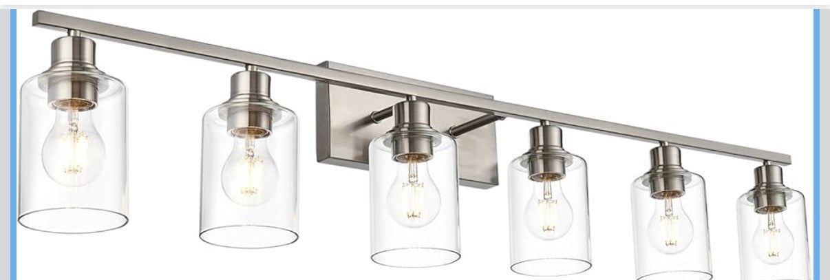 VINLUZ 6 Light Bathroom Lighting Fixture in Brushed Nickel Finish,Classic Metal Wall Mounted Lamp Over Mirror with Clear Glass Shade Industrial Vanity Light