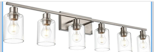 VINLUZ 6 Light Bathroom Lighting Fixture in Brushed Nickel Finish,Classic Metal Wall Mounted Lamp Over Mirror with Clear Glass Shade Industrial Vanity Light