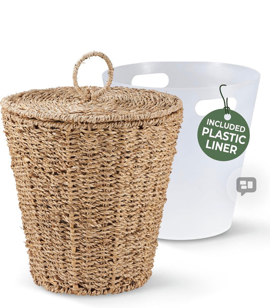 3 Gallons Seagrass Waste Basket with Lid and Liner - Wicker Trash Can