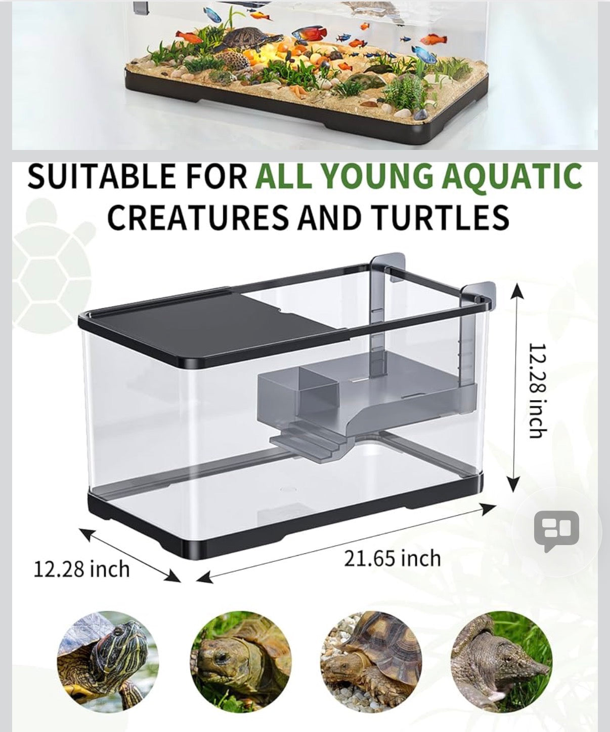 (Tank + Light + Filter + Filter Balls) Turtle Tank Kit, Turtle Tank Starter Kit,Bottom Drainage, Multi-Function Areas for Turtles, Crabs,Fishes, Amphibians,Reptiles. (21.65 × 12.28 × 12.28 Inch)