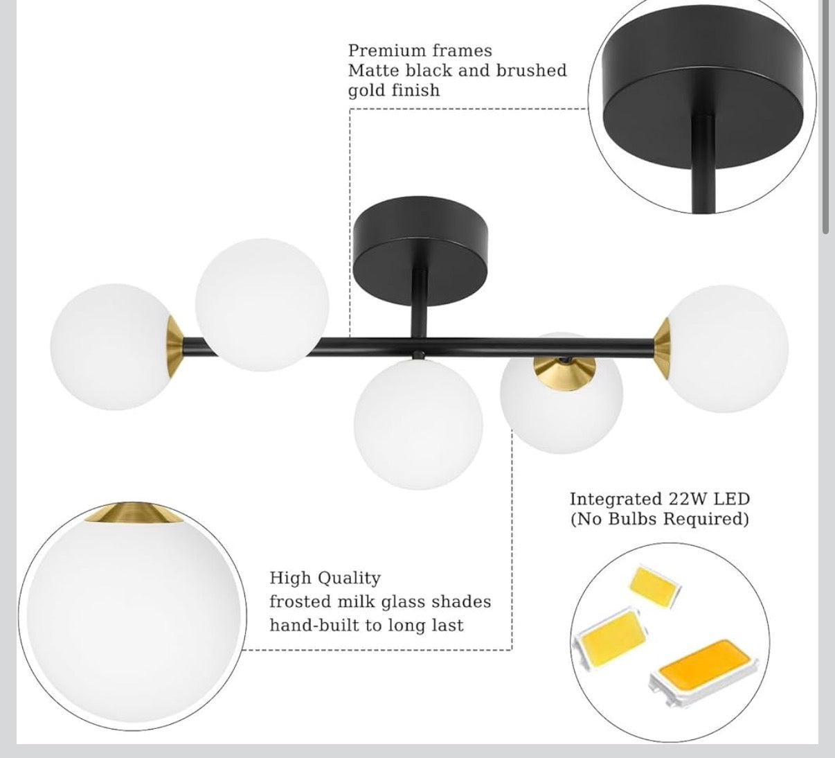 Bathroom Vanity Lights, 5-Light Black and Gold LED Bathroom Light Fixtures, Mid Century Modern Dimmable LED Bathroom Lights Ceiling Light, Wall Sconces Wall Lights with Frosted Milk Glass, 3000K