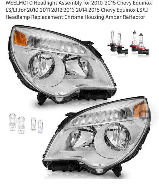 WEELMOTO Headlight Assembly for 2010-2015 Chevy Equinox LS/LT,for 2010 2011 2012 2013 2014 2015 Chevy Equinox LS/LT Headlamp Replacement Chrome Housing Amber Reflector