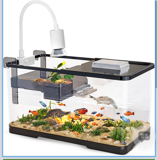 (Tank + Light + Filter + Filter Balls) Turtle Tank Kit, Turtle Tank Starter Kit,Bottom Drainage, Multi-Function Areas for Turtles, Crabs,Fishes, Amphibians,Reptiles. (21.65 × 12.28 × 12.28 Inch)