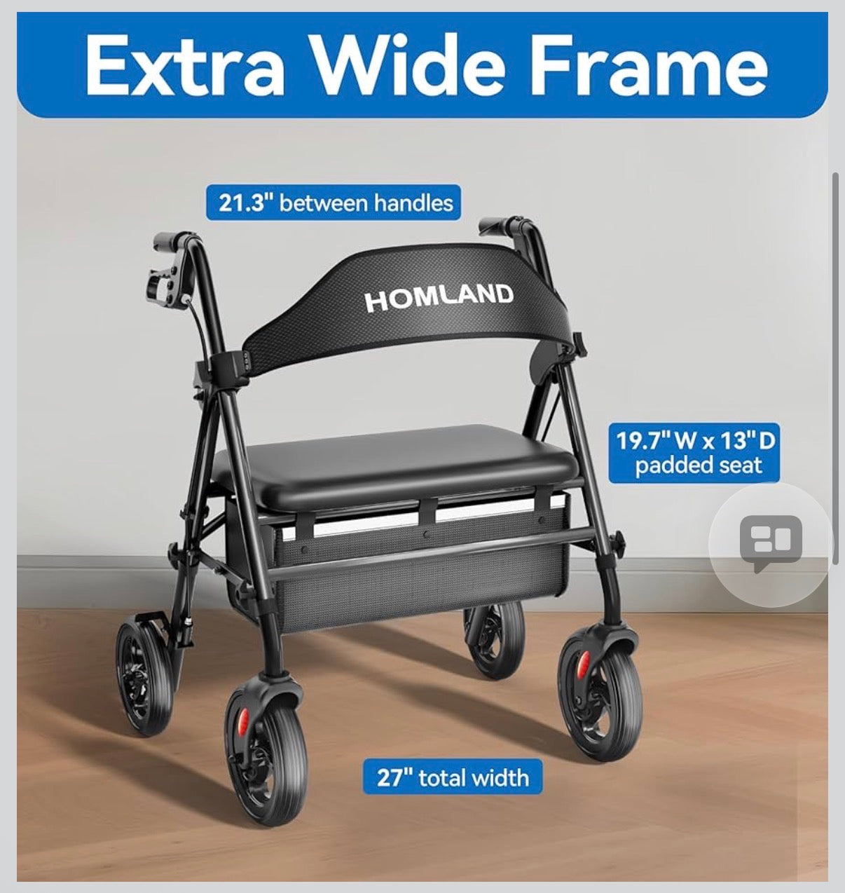 HOMLAND Bariatric Walkers for Seniors, 500lb Heavy Duty Rollator Walker with Extra Wide Padded Seat, 8” All Terrain Foldable Rolling Walker with Dual-Height Adjustable, Black