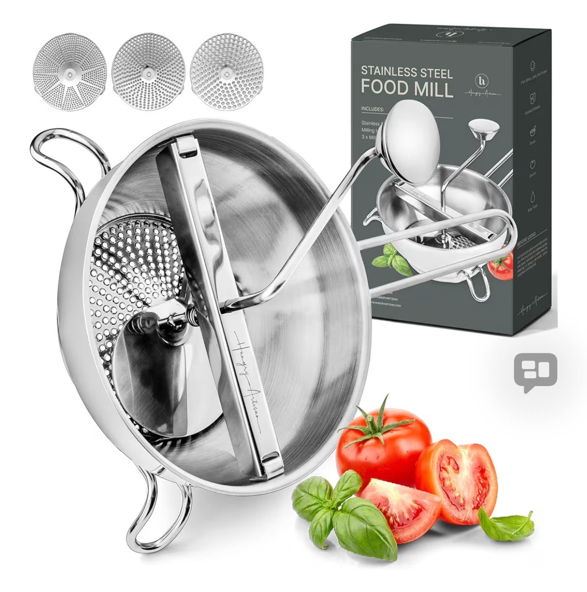 Ergonomic Food Mill Stainless Steel With 3 Grinding Discs - Rotary Food Mill for Tomato Sauce, Applesauce, Puree, Mashed Potatoes, Jams, Baby Food
