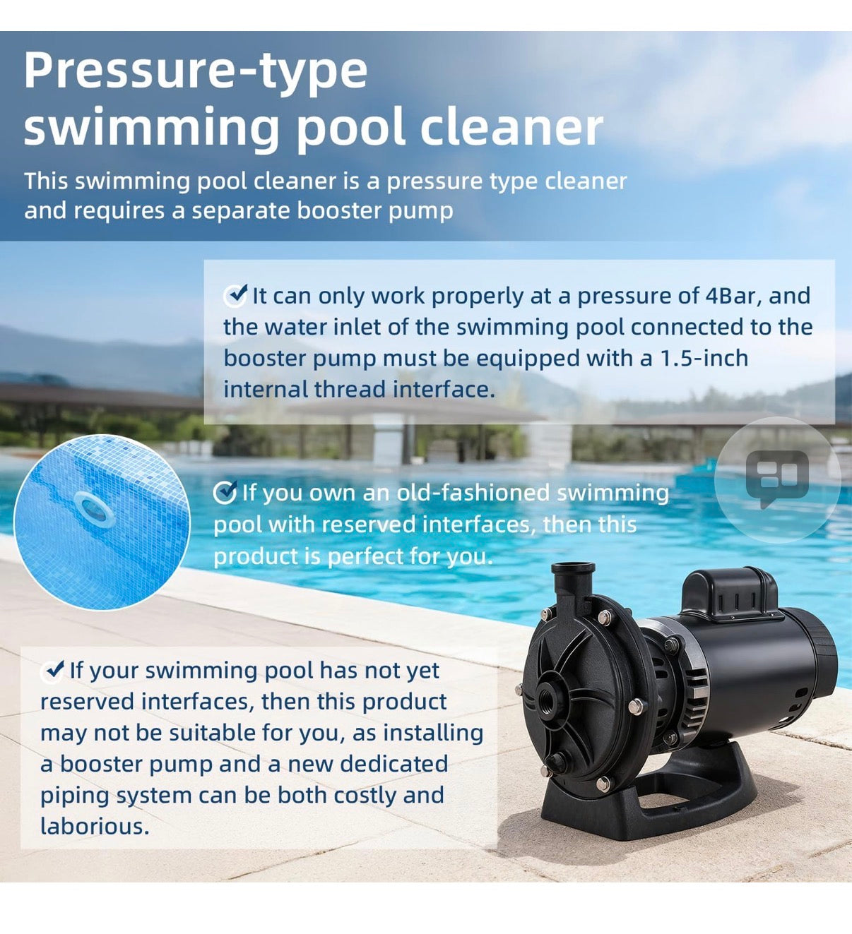 MAKHOON Upgrade Pool Pressure Side Sweeper: Professional Solution for Cleaning Your Swimming Pool (Four Wheels are Better Than Three) Need 1.5" Female Thread Pool Booster Pump Inlet, 4 Bar Pressure