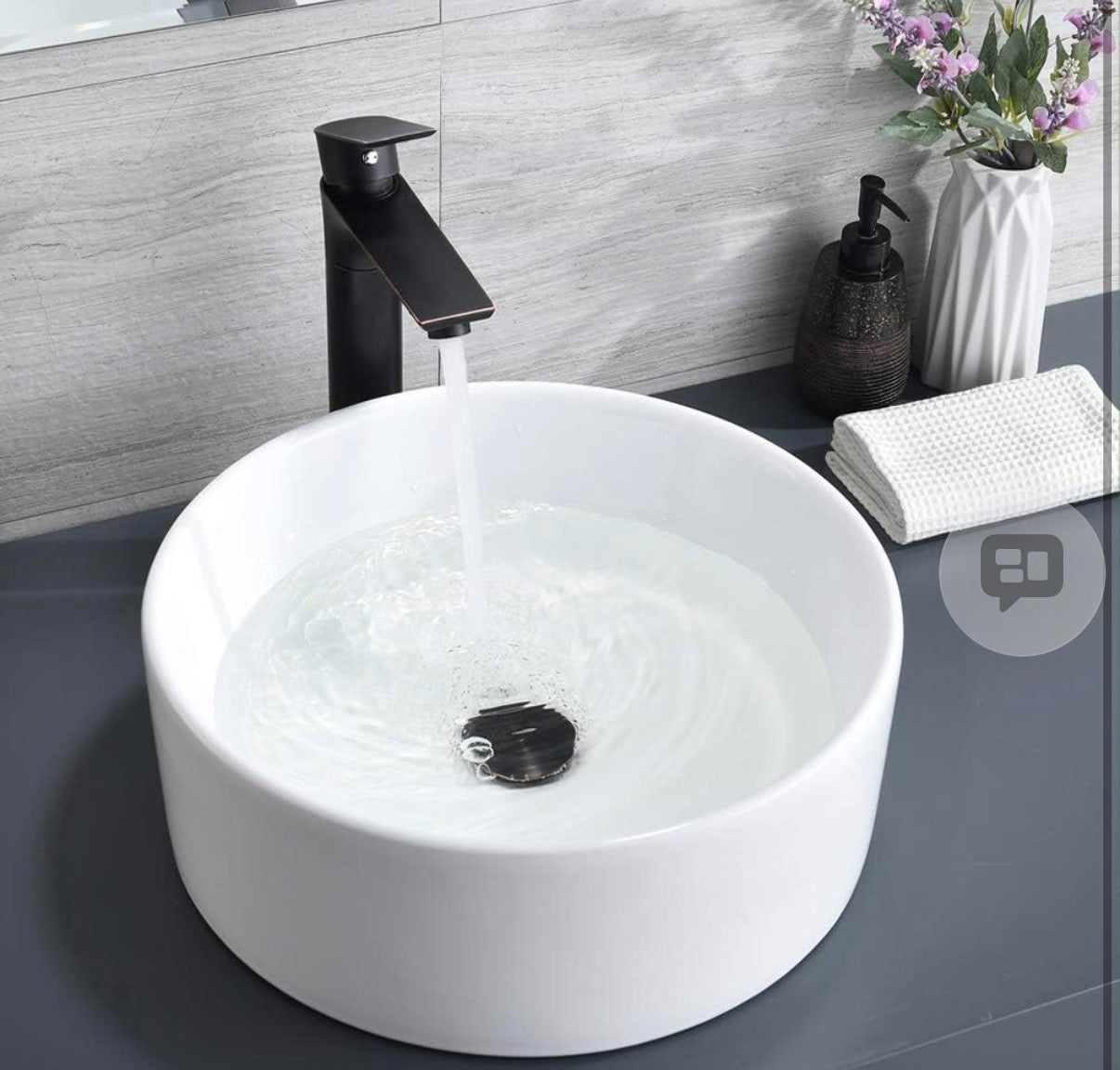 White Round Vessel Sink, BoomHoze 16"x16" Modern Countertop Circle White Porcelain Ceramic Bathroom Sink Above Counter Art Washing Basin