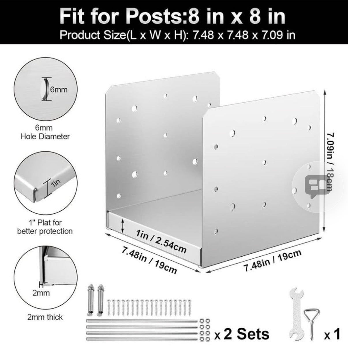 2pc 8x8 Stainless Steel Adjustable Post Bases