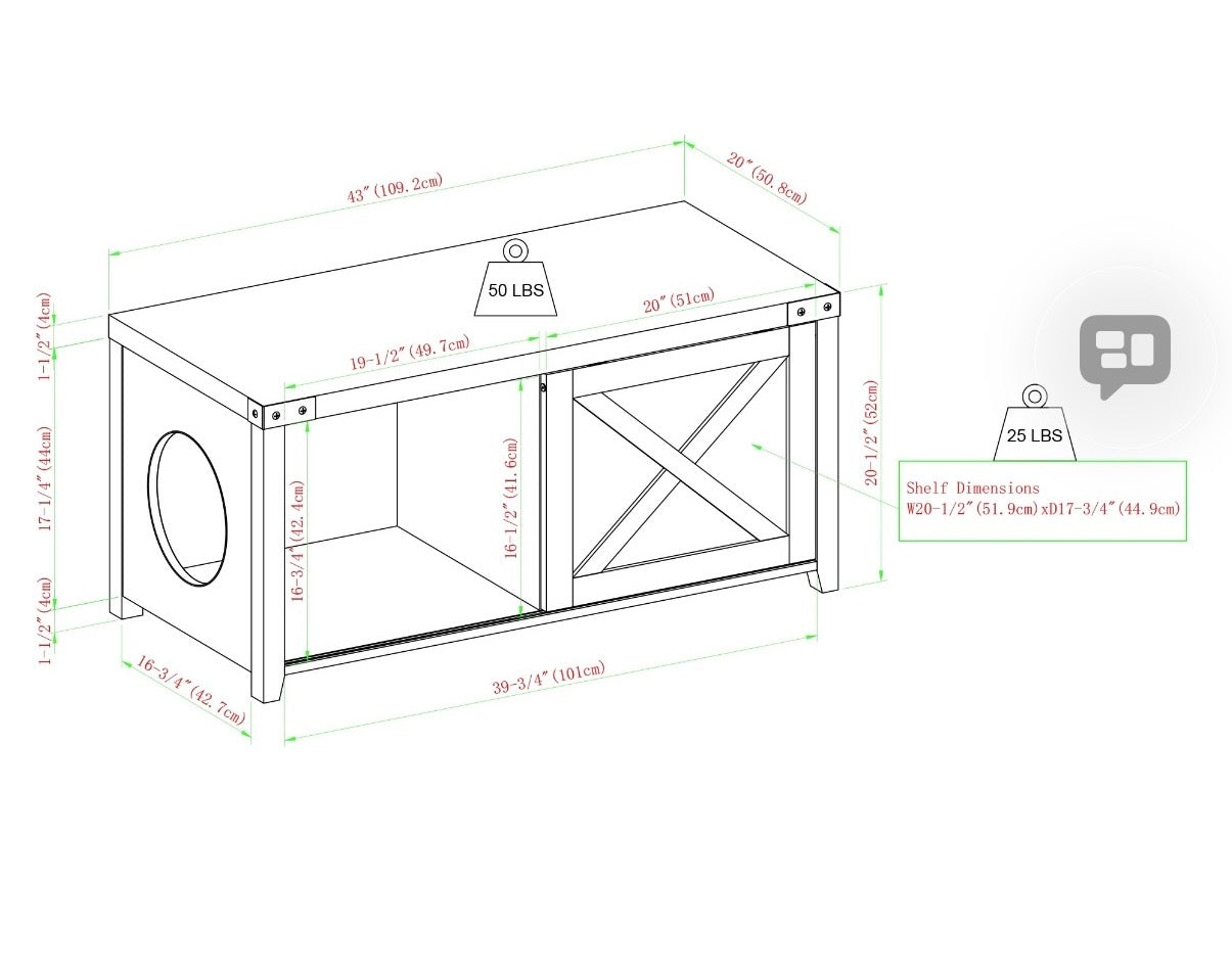 Manor Park Farmhouse Sliding Door Litter Box Bench, Solid White ASSEMBLY REQUIRED