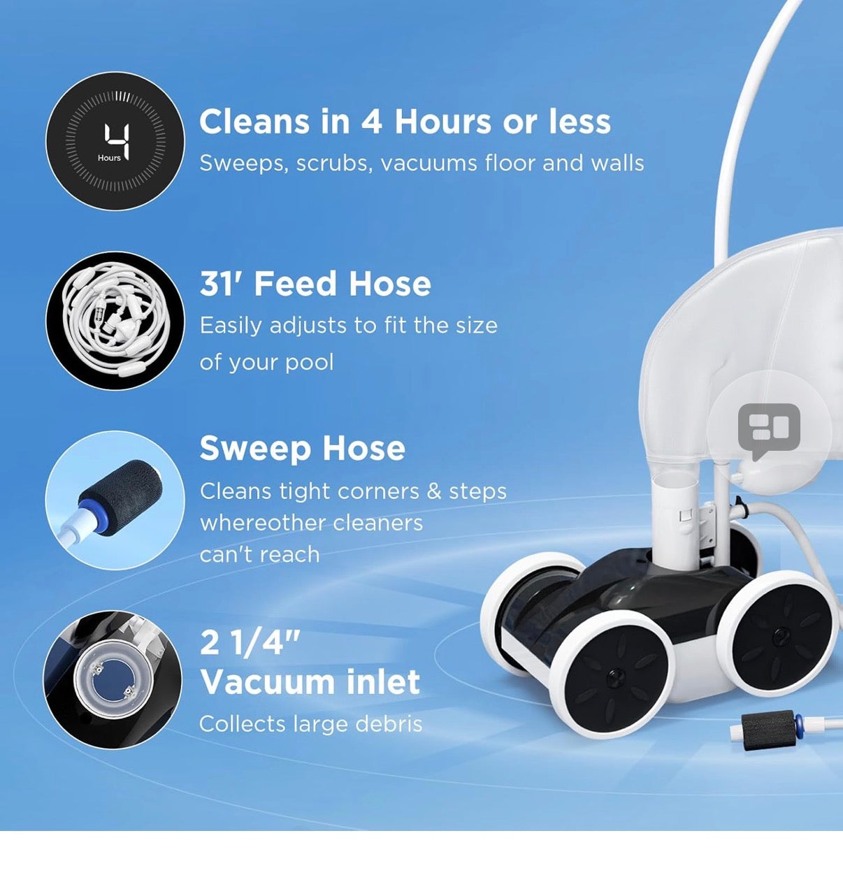 MAKHOON Upgrade Pool Pressure Side Sweeper: Professional Solution for Cleaning Your Swimming Pool (Four Wheels are Better Than Three) Need 1.5" Female Thread Pool Booster Pump Inlet, 4 Bar Pressure