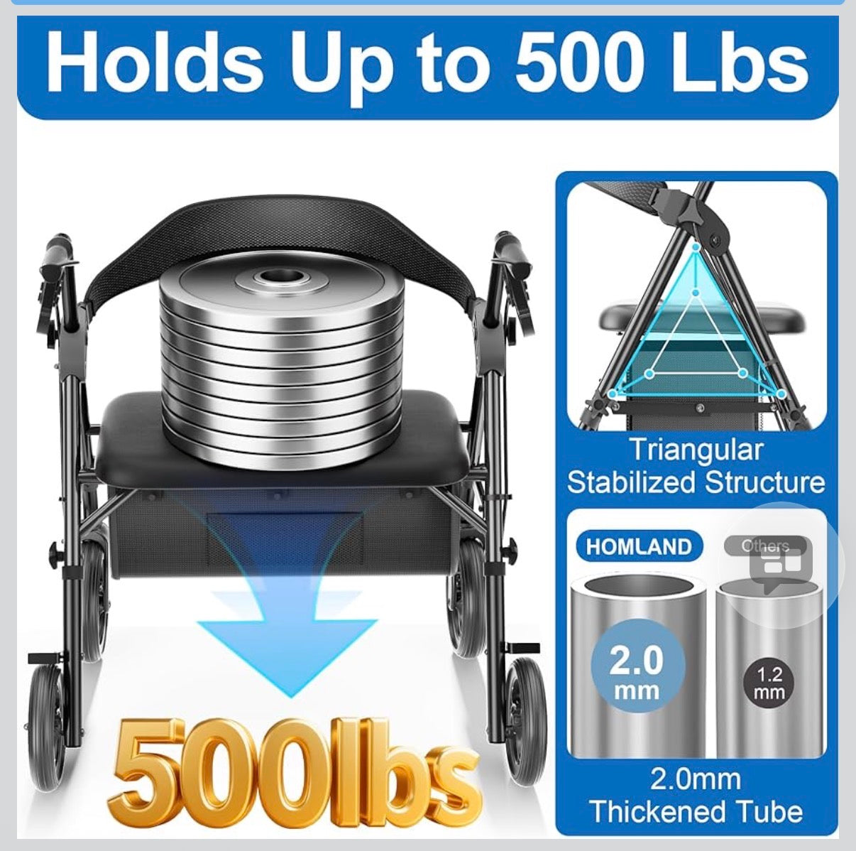 HOMLAND Bariatric Walkers for Seniors, 500lb Heavy Duty Rollator Walker with Extra Wide Padded Seat, 8” All Terrain Foldable Rolling Walker with Dual-Height Adjustable, Black