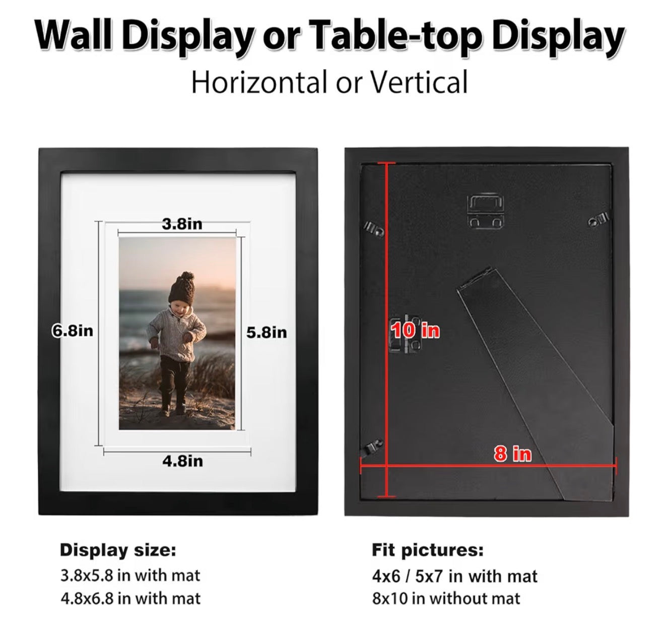 8X10 PICTURE FRAME BLACK WOOD FRAME PLEXIGLASS SET OF 4 4X6, 5X7, 8X10