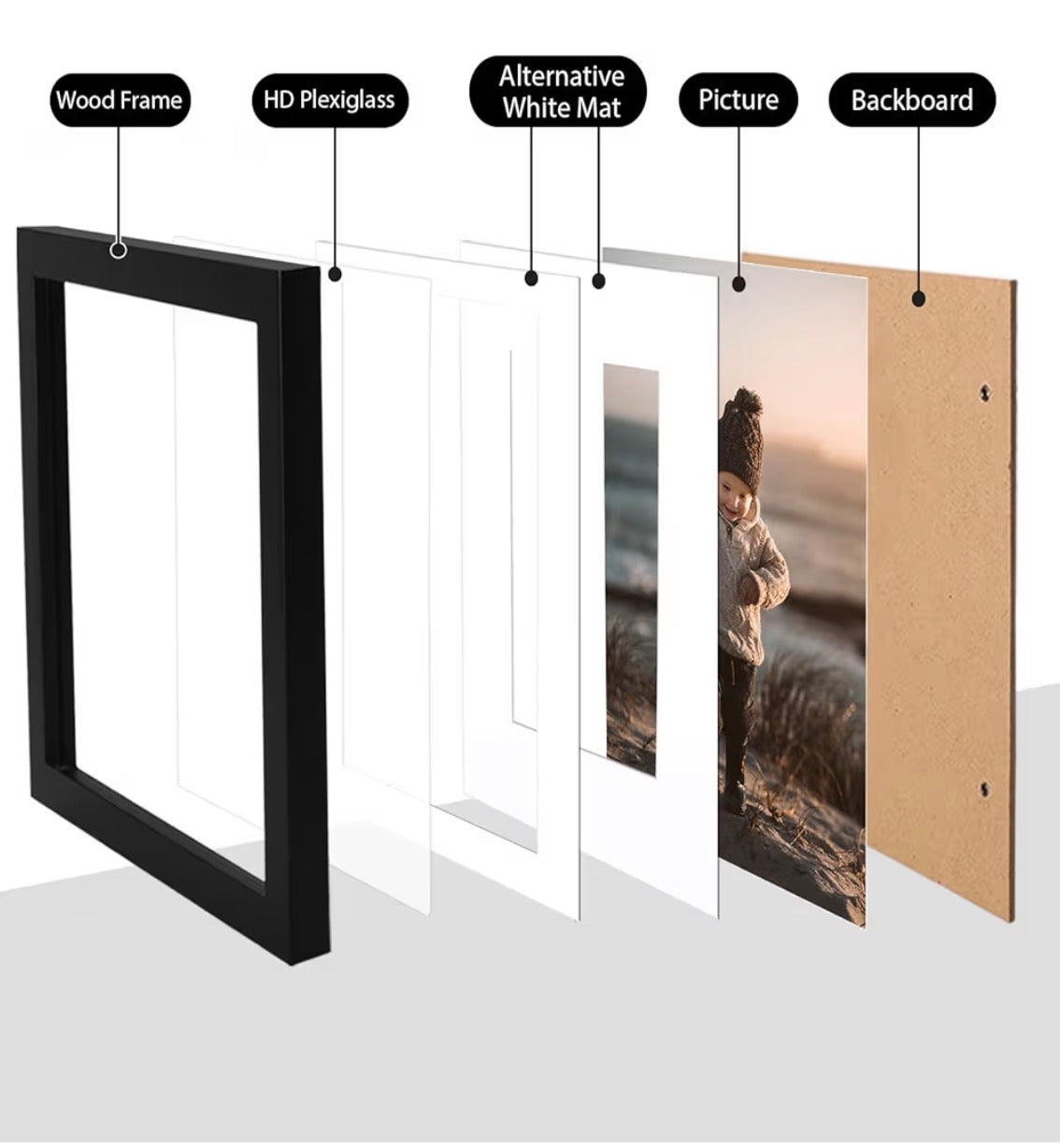 8X10 PICTURE FRAME BLACK WOOD FRAME PLEXIGLASS SET OF 4 4X6, 5X7, 8X10